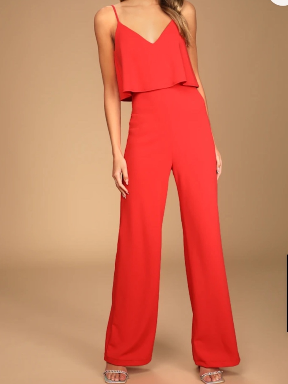Lulus Make It a Date Coral Red Sleeveless Wide-Leg Jumpsuit Size medium